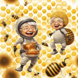 Happiness grandma and grandpa are healthy in a planet of honey stingless bee, realistic