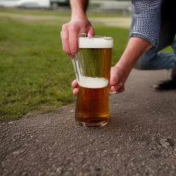 man pouring a beer on the ground