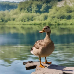 duck, with a lake in the background