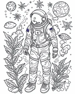 outline art for stoners coloring pages with A very simple and super minimal design featuring A cosmic coloring page featuring an astronaut floating in space surrounded by cannabis constellations., white background, sketch style, fully body, only use outline, cartoon style, clean line art, white background, no shadows and clear and well outlined