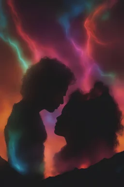 heart-shaped, electrifying, close-up, Head and shoulders portrait of Adam and Eve, double exposure shadow of the ghost, Invisible, poignant, extremely colorful, multicolored lightning, outer space, planets, stars, galaxies, fire, explosions, smoke, volcanic lava, craggy mountain peaks in the background, 32k UHD, 1080p, 1200ppi, 2000dpi, digital photograph, heterosexual love