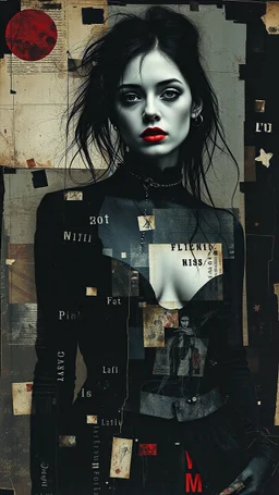 Abstract art, hand assembled, full body female goth rocker portrait from found objects collage, random textile textures, mixed media, Wassily Kandinsky, Jerry Uelsmann, Paul Klee, double color exposure, surreal, otherworldly, dark noir, atmospheric, decayed, sorrowful, forlorn