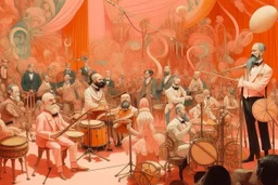 A pale pink magical circus with orchestra instruments painted by Vincent van Gogh