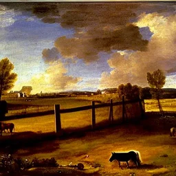 shetland pony, fence, field, oil painting, by Nicolas Poussin