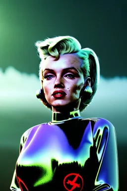 Ultra Realistic retro sci-fi scene, portrait, blonde woman, sweet young Marilyn Monroe face, perfect iris, tight latex coat, Strange planet background, Retro sci-fi style helmet, fog, rain, soft color, highly detailed, unreal engine 5, ray tracing, RTX, lumen lighting, ultra detail, volumetric lighting, 3d, finely drawn, high definition, high resolution.