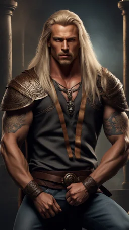 handsome warrior king, muscular, long blonde hair, male age 30, wearing jeans and shirt, tan skin, tattoos,photorealistic 4k dark fantasy