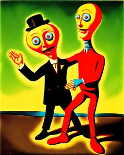 A surrealist painting in the distinctive style of Max Ernst, embracing Dada surrealism, with intricate and clear rendering of every aspect to ensure a deeply disturbing image. The painting features a deranged ventriloquist with wild, frenzied eyes and a twisted, manic smile. He holds a terrified dummy on his lap, made of wax-covered rubber, its eyes wide with fear and its mouth slightly ajar in a silent scream. Behind them, a strange demonic boy with deep red skin and bizarre proportions stands,