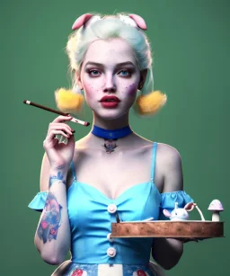 Ultra realistic portrait, wonderland, happy blonde Alice smoking a pipe, blue dress accompanied by elegant anthropomorphic white rabbit, circus dress style, old school tattoo, laughter, smoke, marijuana garden, mushroom lamps, glow eyes, perfect iris, soft color, highly detailed, unreal engine 5, ray tracing, RTX, lumen lighting, ultra detail, volumetric lighting, high definition.