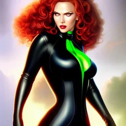 ultra detailed fullbody portrait of busty beautiful Black Widow, wearing skintight black costume, extremely detailed digital painting, intrincate, extremely detailed smiling face,crystal clear Big Green eyes, in the style of Adam Hughes , mystical colors , perfectly centered image, perfect composition, rim light, beautiful lighting,8k, stunning scene, raytracing