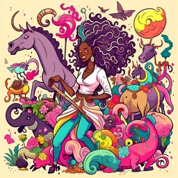 Stickee of afrowoman wirh unicorn and worms all around