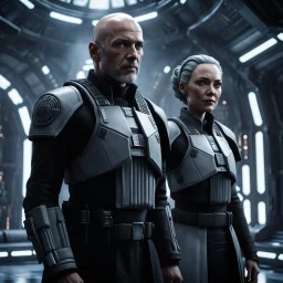 a bold and heroic bald male Corellian pilot in black and grey First Order special forces gear meets a female Jedi Master in ancient, mystical temple, hyperdetailed, dynamic lighting, hyperdetailed background, 8k resolution, volumetric lighting, light skin, fully symmetric details