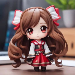 close-up headshot of a chibi girl with long brown hair, (vibrant red eyes), cute, 4-year-old, intricately detailed, masterpiece, anime chibi doll, 4k, kawaii