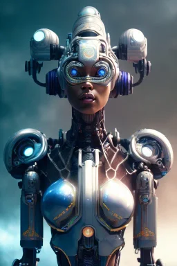 portrait,beautiful african robot, post-apocalyptic in a cyberpunk city, realistic, intriacte detail, sci-fi fantasy style, volumetric lighting, particales,highly detailed,cinamatic, deep colours,8k