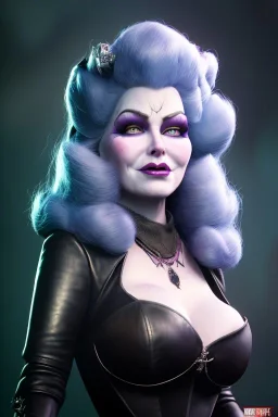 Mae West as evil queen in black leather, leather, busty, cleavage, angry, stern look. character design by cory loftis, fenghua zhong, ryohei hase, ismail inceoglu and ruan jia. unreal engine 5, artistic lighting, highly detailed, photorealistic, fantasy