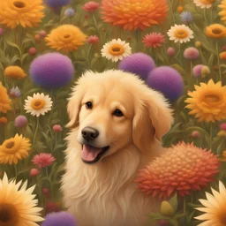 A fluffy golden retriever and a spiky hedgehog frolicking in a vibrant field of blooming wildflowers, with a curious hedgehog gazing at them in the foreground. This art piece, reminiscent of Chris LaBrooy's style, showcases intricate furry textures and lifelike details in stunning high resolution 4K. The wide view captures the playful interaction in an official, professional manner, inviting viewers into a whimsical world of nature.