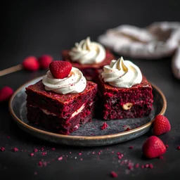 Need a photorealistic image of Beetroot Brownies with Vanilla Cream 'Ruby Temptation'