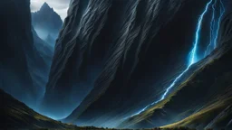 A mountain side with cracks full of powerfull, blue magic. Valley. dark fantasy concept art, exquisite realism, a masterpiece, dynamic lighting, hyperdetailed, intricately detailed, deep color, Unreal Engine, volumetric lighting , Epic cinematic brilliant stunning intricate meticulously detailed dramatic atmospheric maximal,