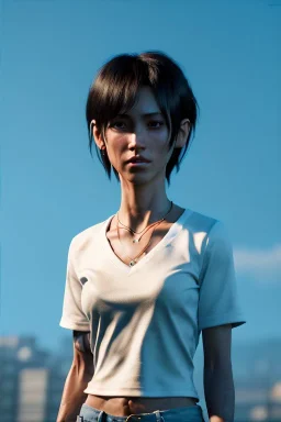 Ultra Realistic image, 25 years old brunette woman, Madrid, portrait, small stature, small chest, yakuza body tattoo, white broken cotton short undershirt, black latex short, akira anime style, night Tokio background, vibrant color, highly detailed, art stations, concept art, smooth, unreal engine 5, god rays, ray tracing, RTX, lumen lighting, ultra detail, volumetric lighting.