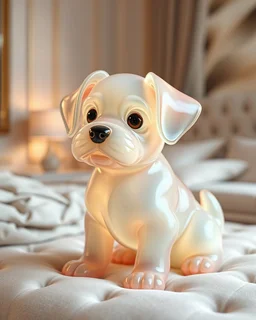 Generate image: Generate image: Generate image: A macro 3D render of a cute, lovely dog entirely of translucent, glossy,colored jelly material. it is sitting on conform in a luxury bedroom ,subsurface scattering and gelatinous texture . High-quality CGI, octane render, 8k resolution, whimsical, adorable, clean composition., in the style of Portraits, in the style of Portraits, 4:3