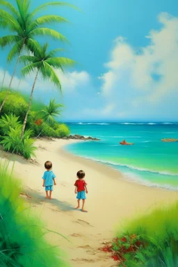 tropical beach two childeren paining