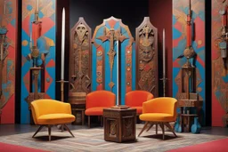 (design by Mario Bellini, 1970) imagine an armory filled with items that scream historical allure and quirky style. The sword with bold geometric engravings steals the spotlight, proudly displayed alongside a shield adorned with psychedelic patterns. Take a seat on the shaggy, vibrant-toned chairs for a moment of respite amidst the weapon display. The sleek, angular weapon racks showcase relics from ancient battles, while the fiery-colored torches cast a warm glow over the arsenal, their intric