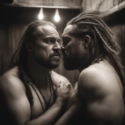 half figure shot photography of two angry gipsy 41 years old burly chubby ugly men embracing tightly from back, dreadlocks, shirtless, in a sauna full of steam, dim lights, side light, ambient occlusion,