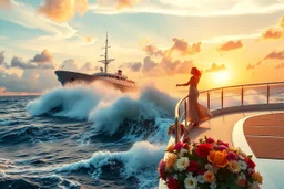 a big ship in oecieon in powerfull waves ,a beautiful sun set and dreamy clouds , young couple dancing on a modern boate deck next to ship and flowers flows from deck to water