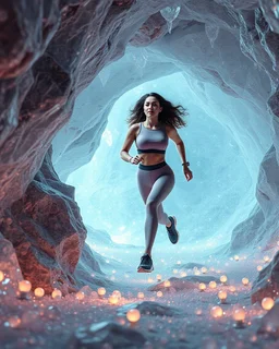 make a video pretty crystal cave covered with jewells and CIFI jewell lights and 3d recursive cubic and sphere base pearls and a beautiful fashion model lady with cute,curvy hair,makeup, in pretty decholte sports suit is running inside cave ,dynamic camera fallow her inside cave capturing full body, dynamic lights.