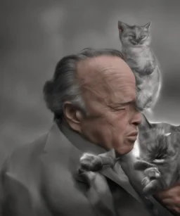 godfather movie Marlon Brando playing with her one grey cat, extreme details, digital art, extreme colors --ar3:2--v4--q2