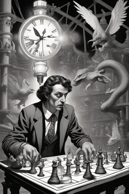 close up on face of comic news paper journalist horror harlequin playing burning chess geese dinosaur reptiles in very bright light bulb factory on the bridge with twisted ladders with the most a confused look on his face in front of a huge glass prism clock with angels, in the style of Escher and Dali and Cthulhu