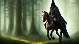 Dark robed wizard on a horse in the forest