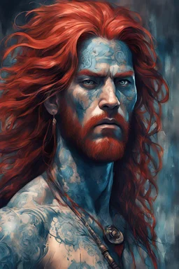 character concept illustration of a long red haired, blue tattooed Pict tribesman, , maximalist, sharp focus, highest resolution, in the styles of Denis Forkas , and Masahiro Ito, boldly inked, 8k, coarse, gritty textures