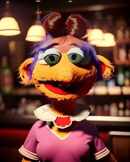 Pub scene, hybrid character, waitress woman with monster muppet mask that covers her entire head, retro style, Sesame Street style, smooth, unreal engine 5, god lights, ray tracing, RTX, lumen lighting, ultra detail, volumetric lighting, 3d.