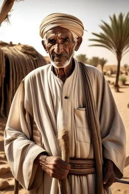 Old man, Arab, turban, white clothes, cattle, desert, council, sun, palm trees, mud houses, holding a stick, looking forward, a very slight smile.