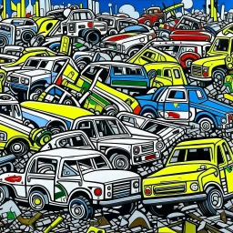 A junkyard filled with construction vehicles painted by Roy Lichtenstein