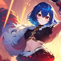 Clear focus, High resolution, rough line art, cute, cartoon, medium blue hair, hair between eyes, fluffy hair, red eyes, super cool outfit with a split skirt, black red and gold color scheme, wearing a short skirt, barely revealing