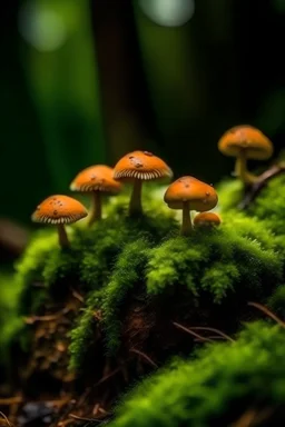 real close-up detailed view of mushroom and Moss in the nature