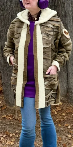 Image shows wholly a Brunette. average body type. Mantle is sewed of recycled Denim and sewed together of camouflage pieces. Camouflage colors are orange,terracotta, cream and purple. Cream latex gaiter. Big bright purple/khaki felt tippet and cream or blue or lilac colored-hood. mantle is merged with satchel. . AKG-style headphones (gold rings!) is merged with small felt cap with small visor. Style: Haute Couture in 1936, Paris fashion in 2023, inspired by street art.