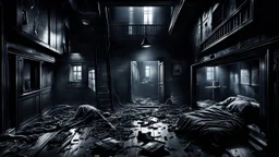 Hogyan is érthetné a második emeleti lakó a földszinten élő nyomorúságát? high contrast, detailed, thriller, deep dark colors, gloomy, cinematic
