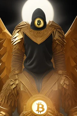 running berserker portrait , no face, black jogging suite , in the night Alps , holding bitcoin , angels background, volumetric gold light, high detail, dark leaf tree, dark mountains in background, perfect