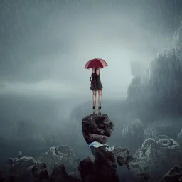 A princess standing. Epic scale. Heavy cold rain. Thunderstorm. An engineer looking up. Futuristic scenary. Gray mist.