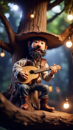 portrait of hairy rock banjo ninja sweet puppet cowboy living inside a tree house in a hollow huge tree growing light bulbs, singing in the spotlight with smoke coming from below,bokeh like f/0.8, tilt-shift lens 8k, high detail, smooth render, down-light, unreal engine, prize winning