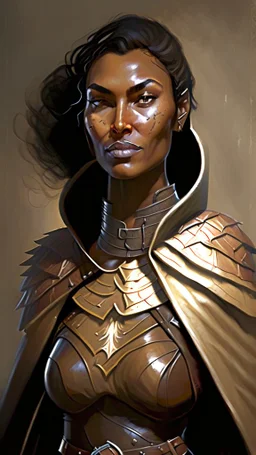 A tall human woman with tanned skin. Her face, marked by the years, always has a smirk on it, showing her superiority in the eyes of the others. She is dressed in leather armor and wears a cape.