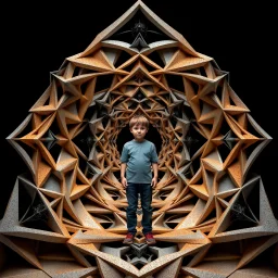 a 3d structure fractal based on tiangles,with a 8 years old boy standing in center