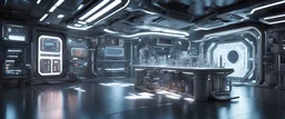 futuristic, laboratory, on the spaceship, hyperrealistic 16k, 3d rendering, expressively detailed, dynamic light, dark,