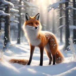 Masterpiece 3D render digital art photostudio quality Just a sprinkle of magic dust, a sprig of berries over a beautiful standing fox with a bushy tail, standing in the snow, backdrop forest winter landscape, insanely beautiful face , silver and gold snow swirl in background, pearls and beads and gold lines