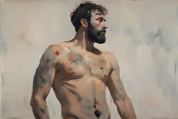 George Baselitz-euan Uglow handsome bearded guy poses for painter impressionist oil artist in studio, detail faces and body parts, total body tatoos, back view, Mario bava movie , Mario bava movie still