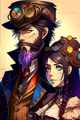 anime couple, steampunk , colorful, man with beard and woman with dark hair