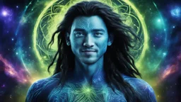 beautiful gorgeous young man na'vi with long hair, Avatar, blue skin, two small ears, green eyes, black hair, in cosmic suit, galactic ambiance, medium pointy goatee , smiling, nebulas and sacred geometry light figures on the backgroud,