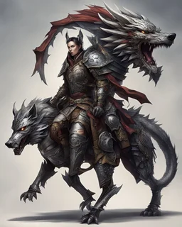 A combination of a dragon and a wolf and a commander riding on it Warrior warrior with leather and metal clothes and robotic metal